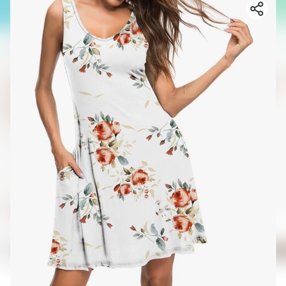 White Floral Sundress Medium cover-up pockets swing dress skater dress - Picture 2 of 6